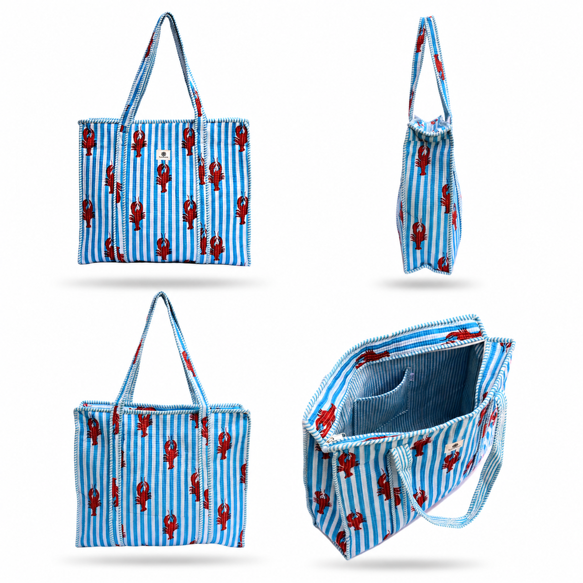 A striped tote bag shown from multiple angles on a white background. The bag has a light blue and white vertical stripe pattern with red lobster motifs printed throughout.