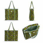 A tote bag shown from four angles on a white background: front, side, back, and open interior view. The bag has an olive green leopard print with pink spots and light green striped handles and trim.