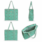 A striped tote bag shown from multiple angles on a white background. The bag has a mint green and white vertical stripe pattern with small red  hearts motifs .