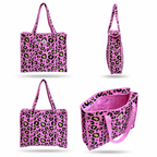 Pink leopard print tote bag shown from four angles: front, side, back, and open interior view. The bag features a pink base with black leopard spots and lime green accents, set against a clean white background.