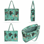 A tote bag shown from multiple angles on a white background, featuring a turquoise print with tropical foliage, birds, and animals, plus striped trim and handles.
