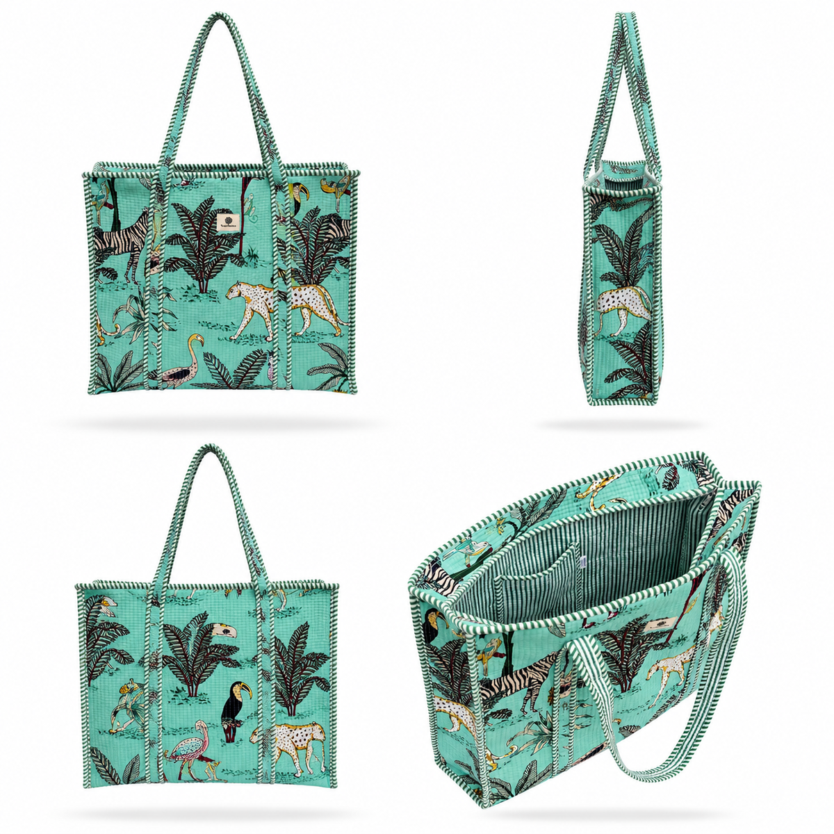A tote bag shown from multiple angles on a white background, featuring a turquoise print with tropical foliage, birds, and animals, plus striped trim and handles.