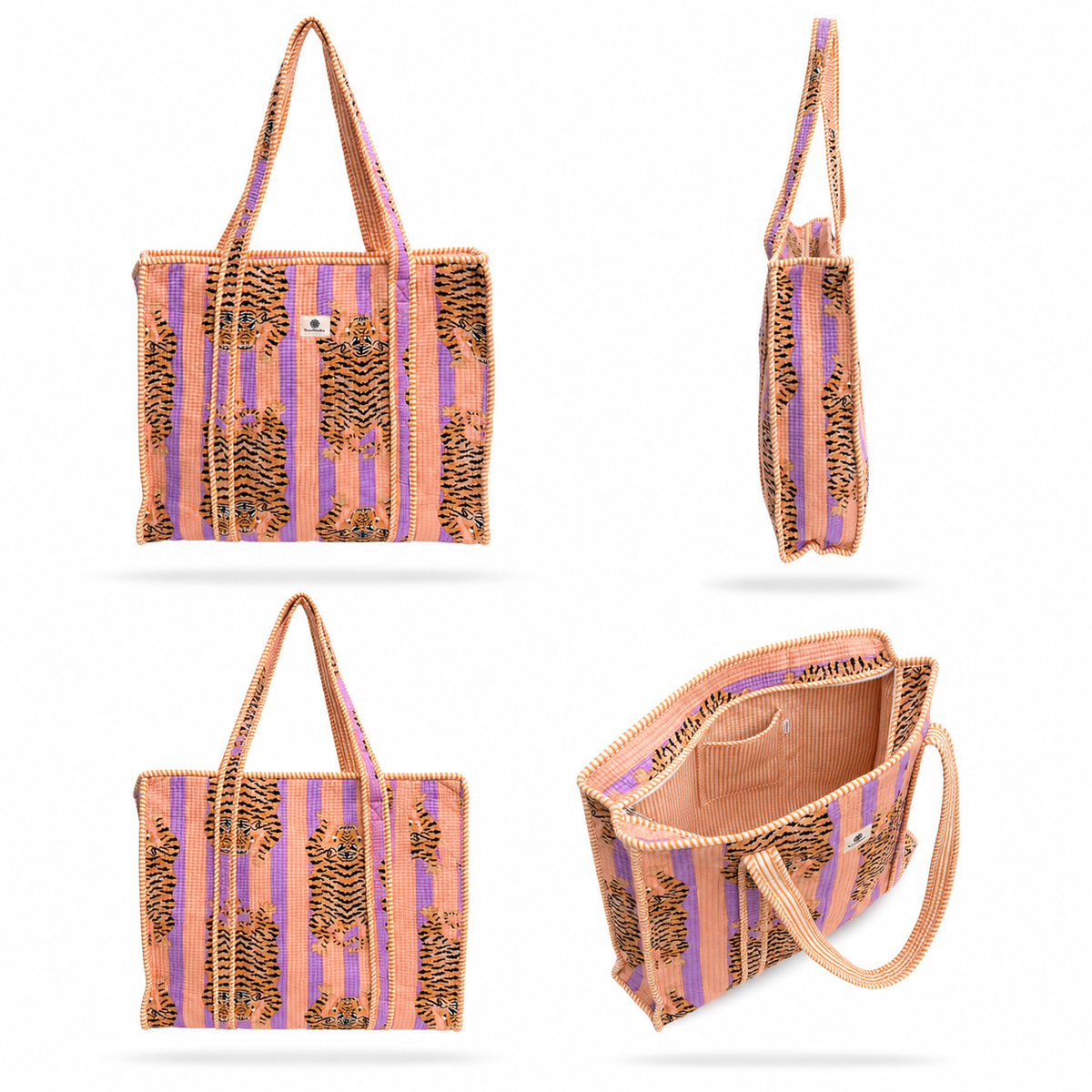 A striped tote bag shown from multiple angles on a white background. The bag has vertical stripes in peach and lavender with a brown tiger print pattern, tan woven handles, and a visible interior pocket.