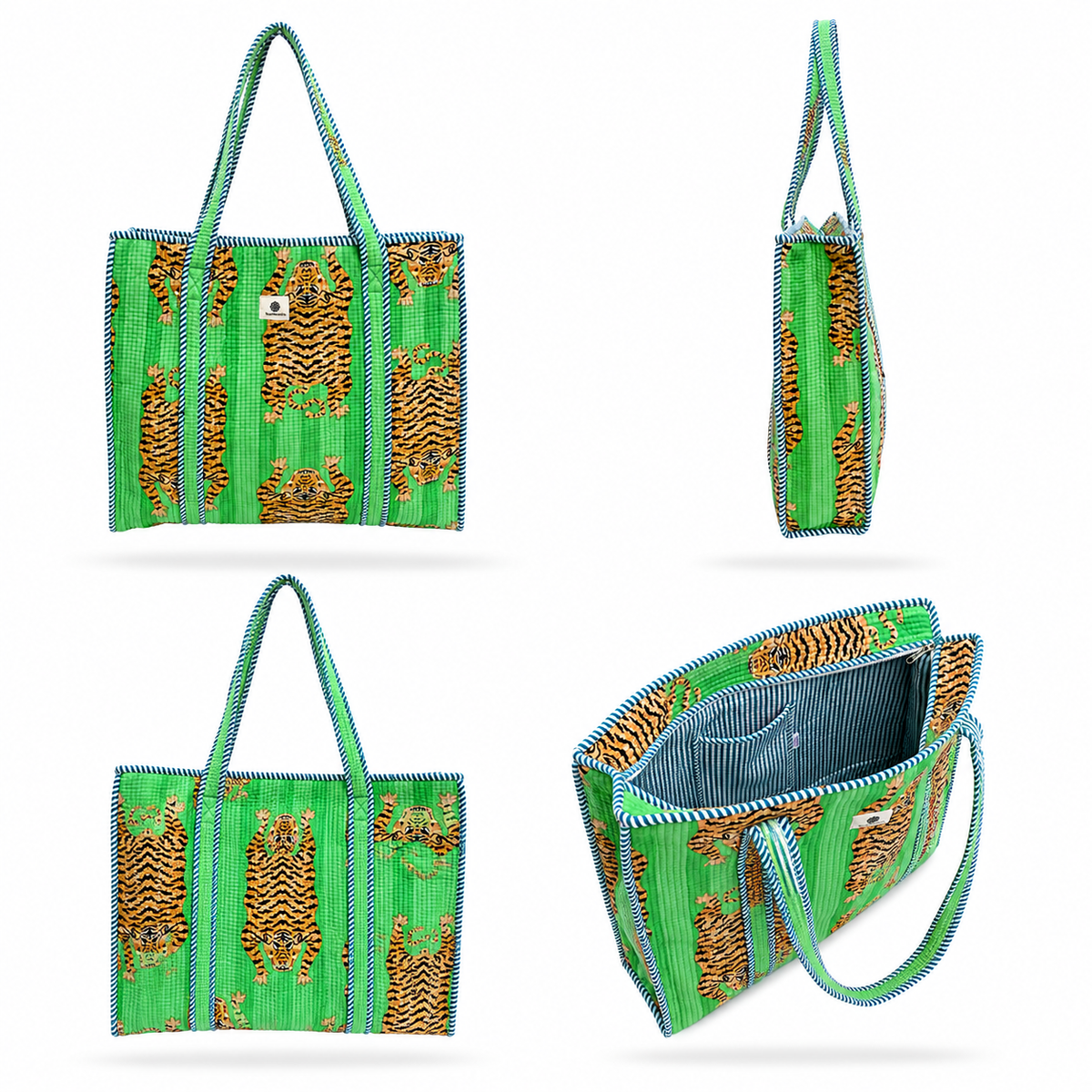 A green tote bag with a tiger print pattern and blue-green striped trim, shown from multiple angles on a white background.