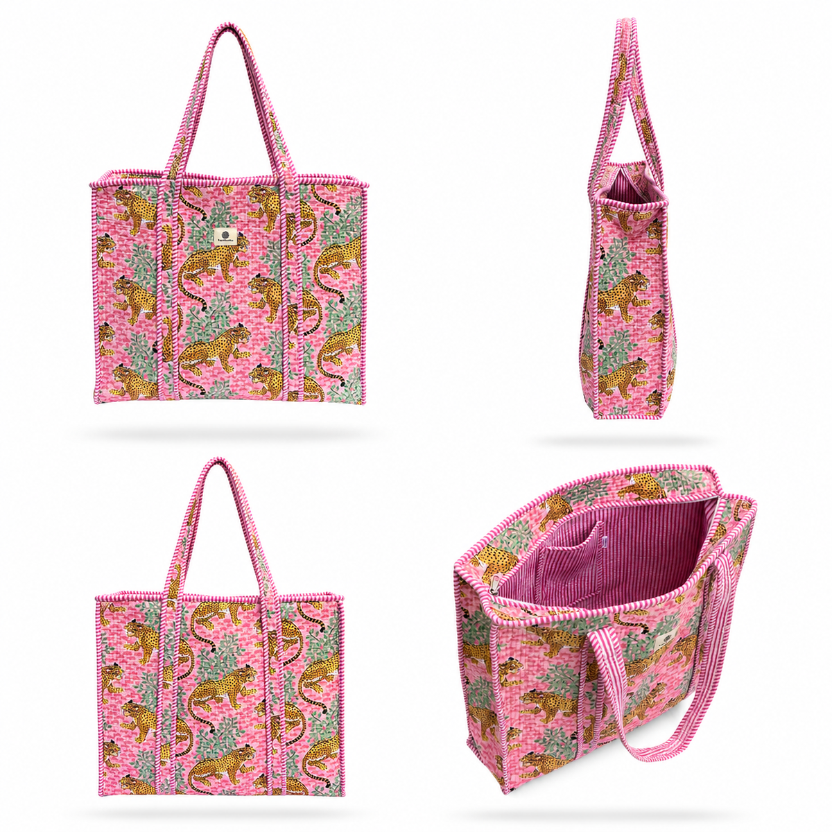 A pink patterned tote bag shown from multiple angles on a white background, including front, side, and open interior views. The bag has a pink base with an allover print of green and gold animals, pink striped handles and trim, and a pink interior.