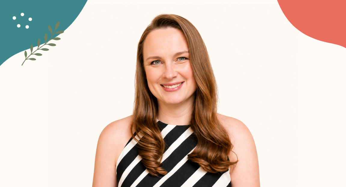 A smiling woman with long light brown hair wearing a black and white striped halter top, set against a white background with abstract teal and coral shapes in the corners.