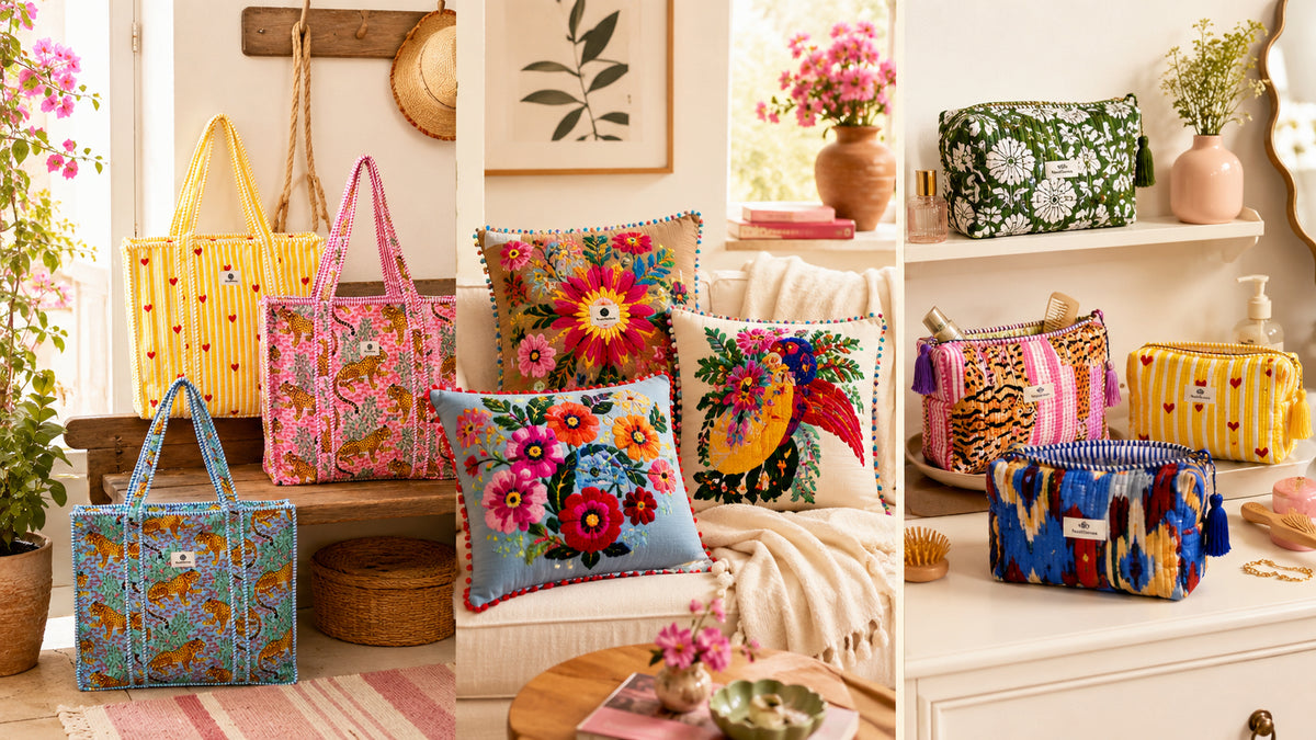 A collage of colorful patterned tote bags and decorative throw pillows displayed in a bright, styled home interior with shelves, plants, and floral arrangements.